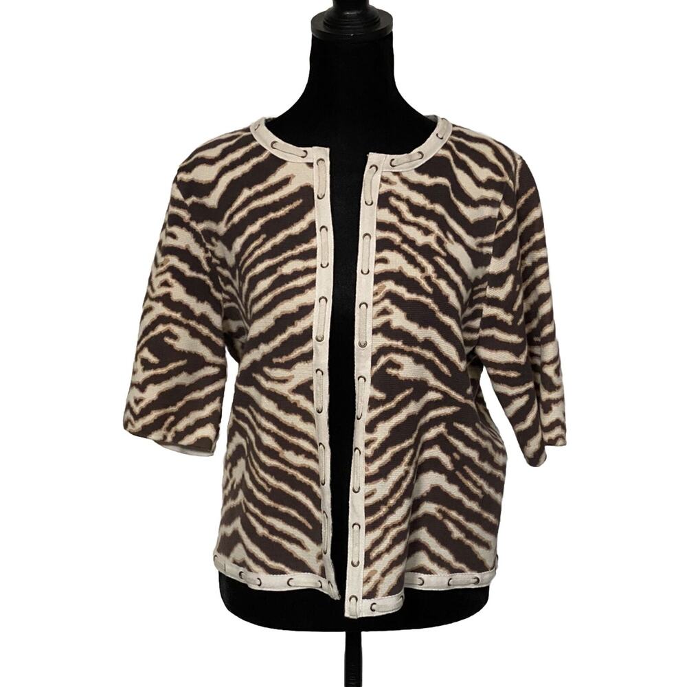 Chicos Cardigan Size 1 Beige Brown Zebra Print 100% Cotton Open Jacket Sweater